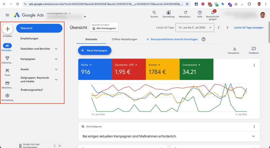 Google Ads Hauptnavigation mit Übersicht, Kampagnen, Zielvorhaben und Tools