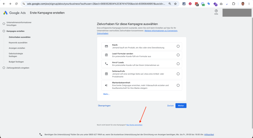 Google Ads Kontoeinrichtung: Vorschlag zur Kampagnenerstellung überspringen